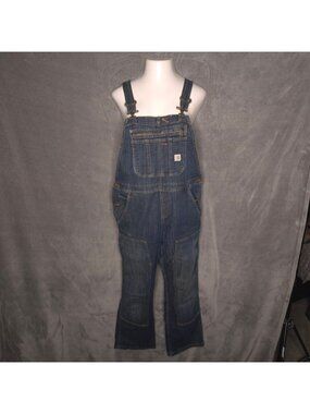 Carhartt Womens Denim Overalls L Medium Wash Double Knee Adjustable Workwear